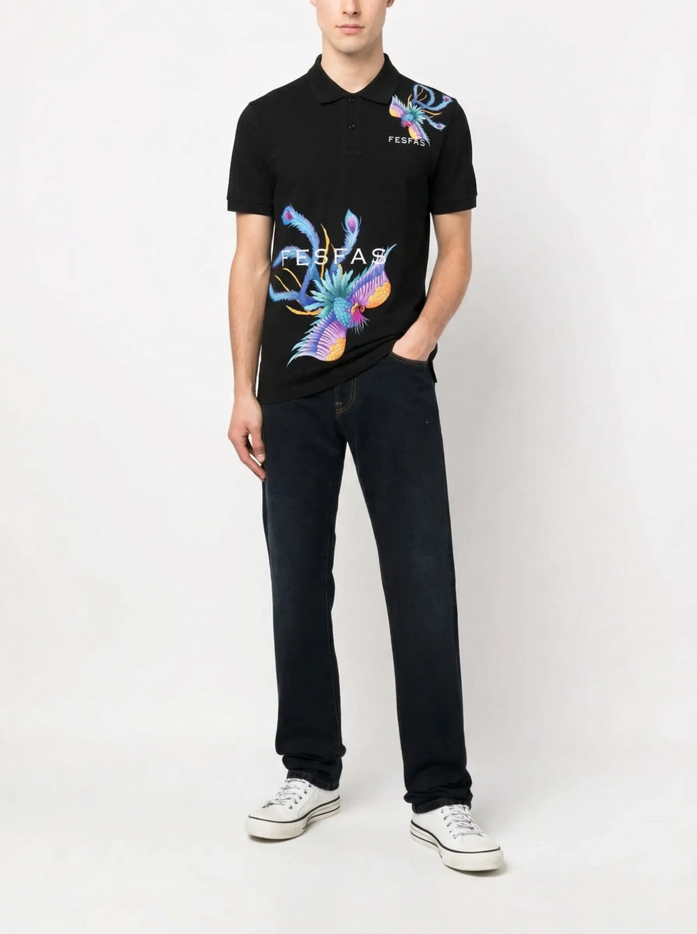 FesFas Peacock-print Polo Shirt | Men | Black