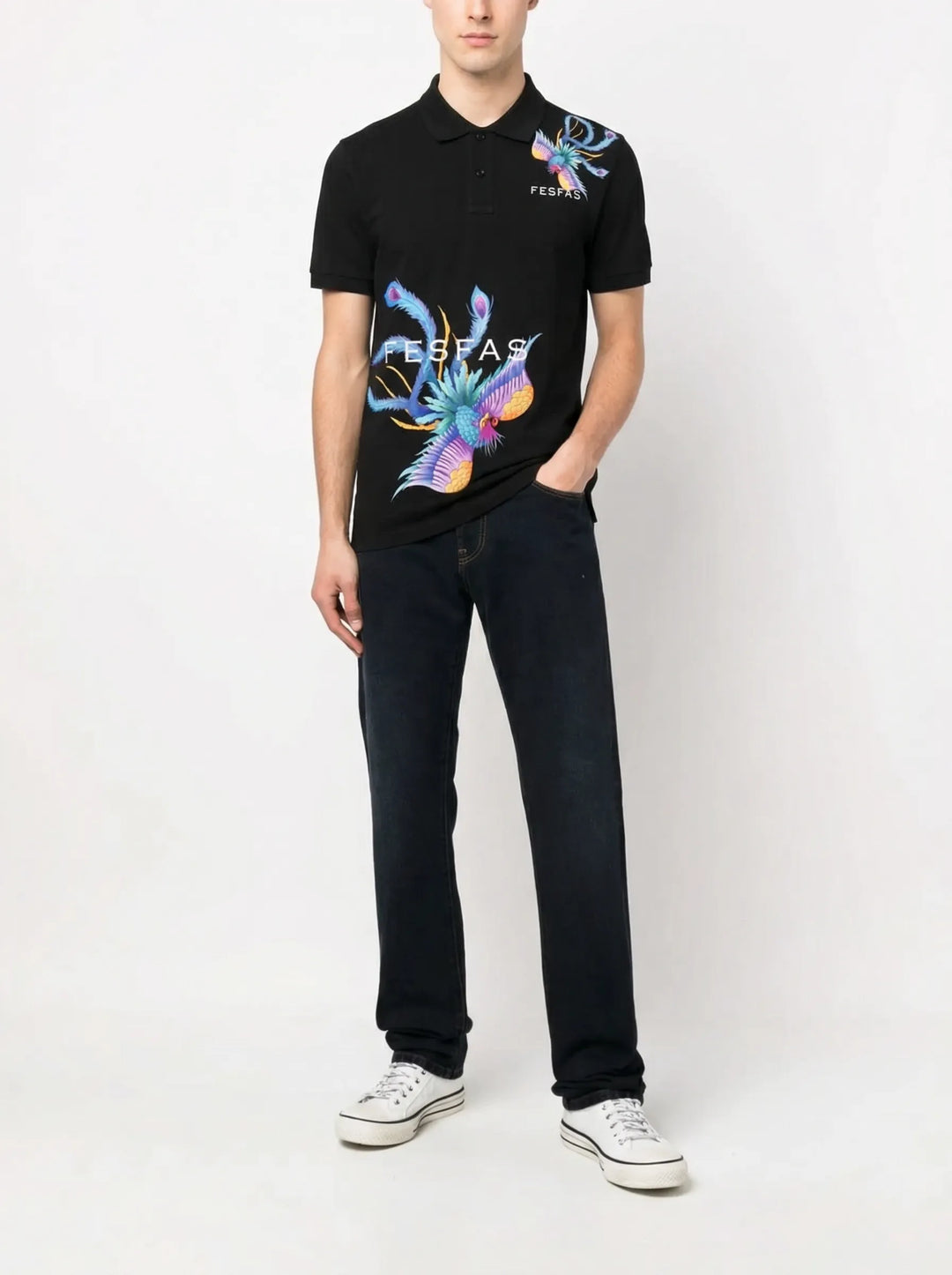 FesFas Peacock-print Polo Shirt | Men | Black