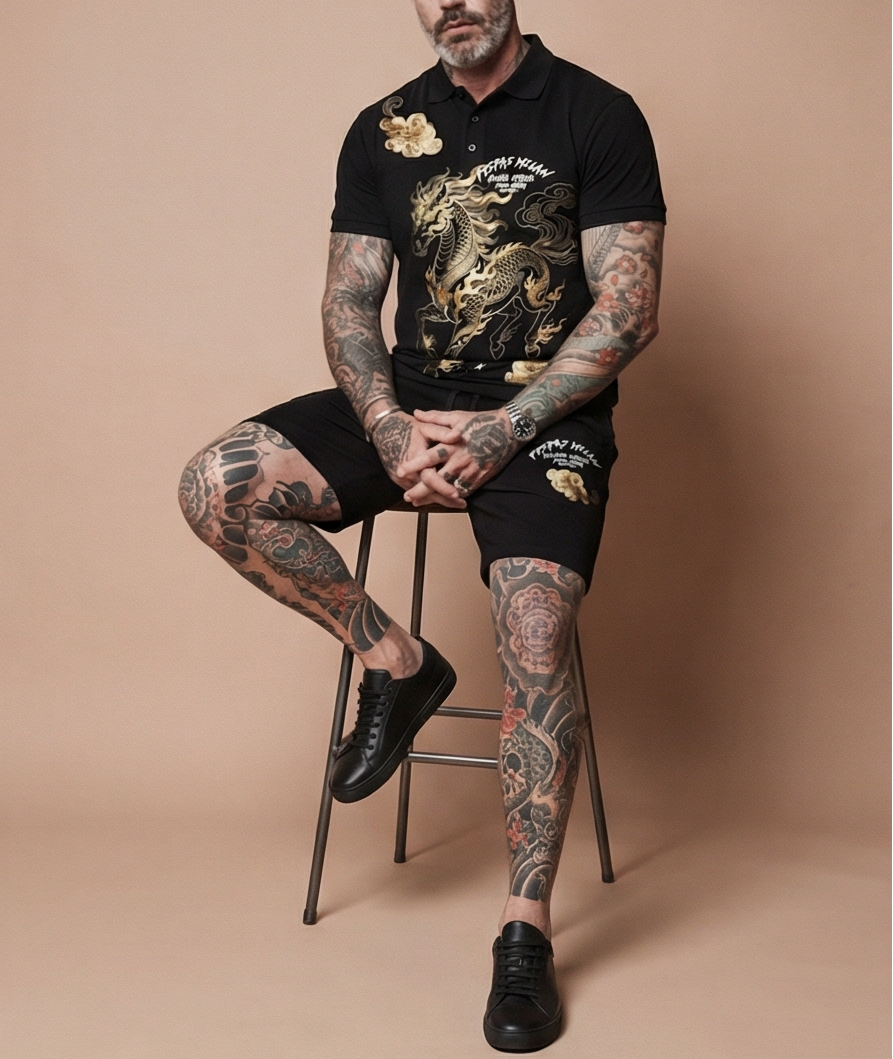 Bộ Polo họa tiết ngựa vàng FesFas | Nam | Đen