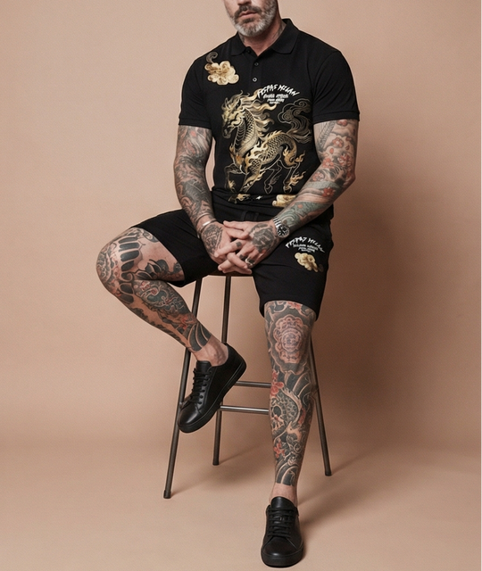 Bộ Polo họa tiết ngựa vàng FesFas | Nam | Đen