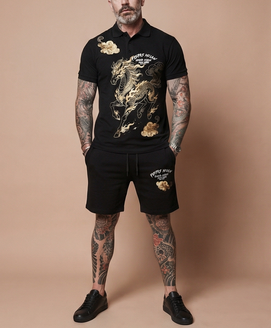 FesFas golden horse-print Polo Set | Men | Black