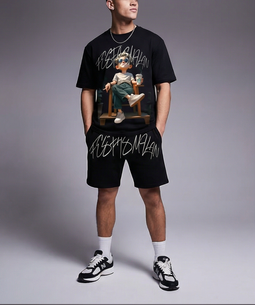 FesFas chill guy-print T-shirt Set | Black | Men