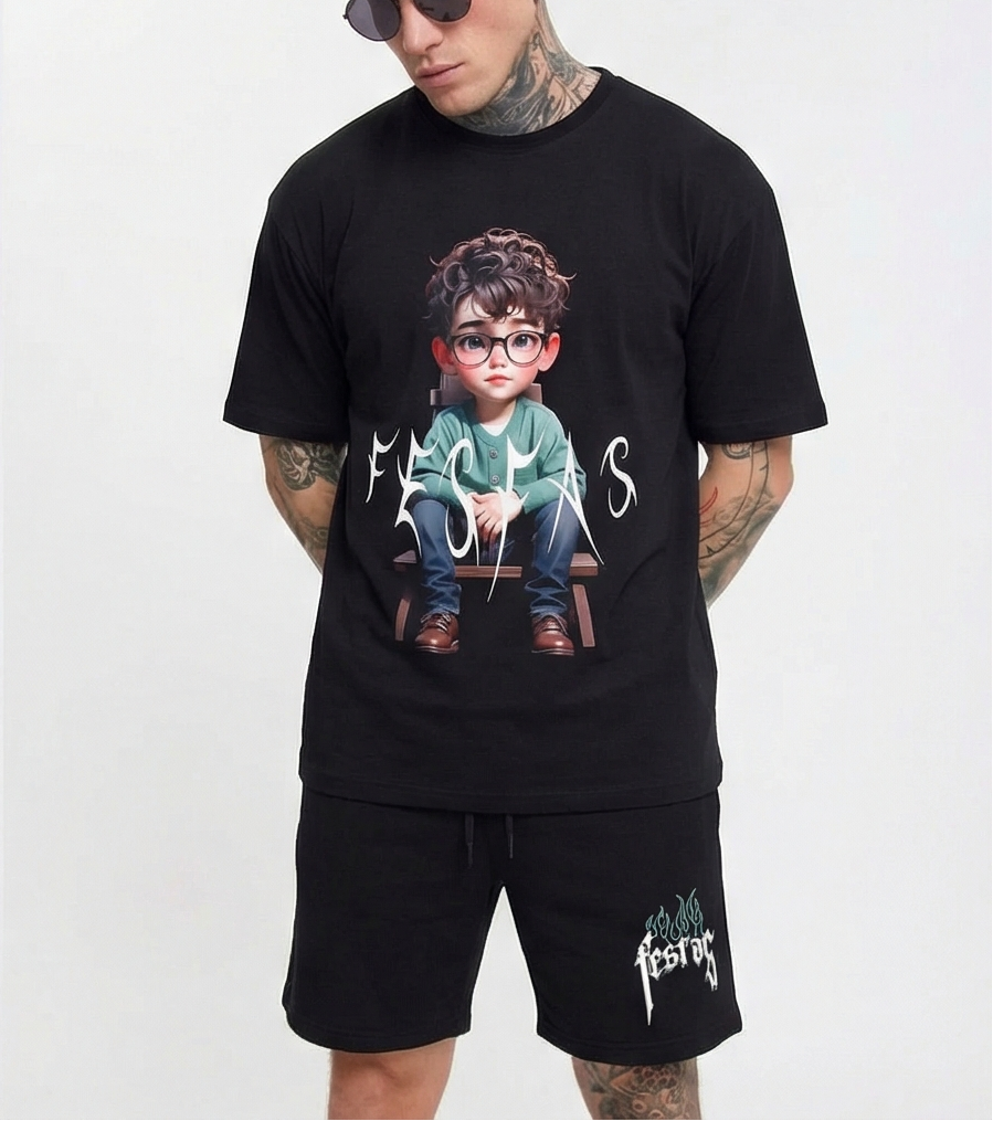 FesFas cute boy-print T-shirt Set | Black | Men
