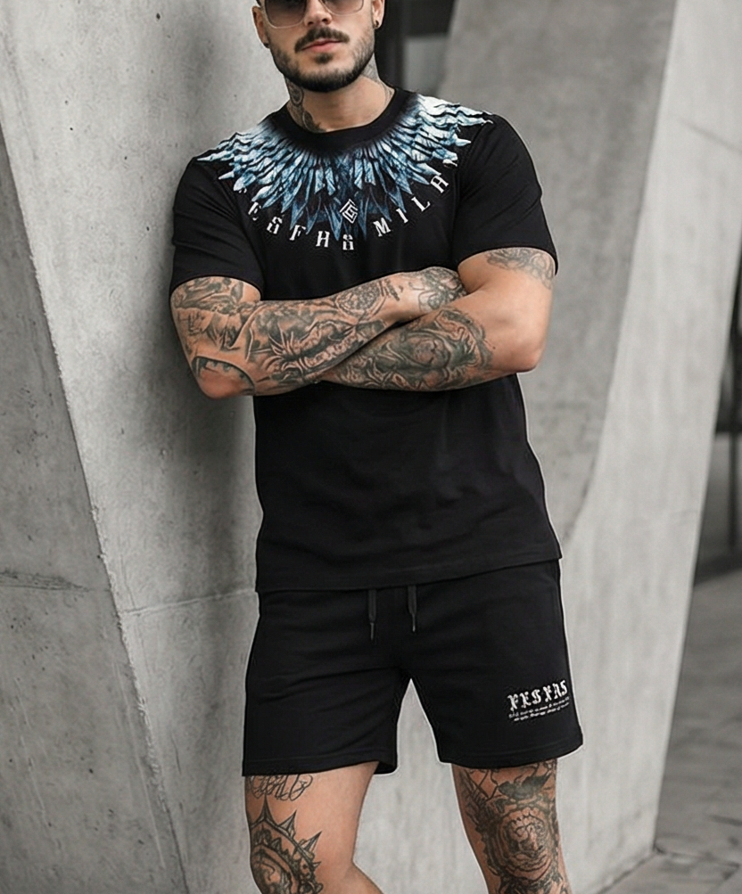 FesFas blue feathers-print T-shirt Set | Black | Men
