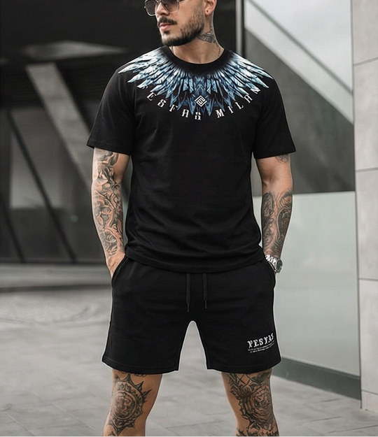 FesFas blue feathers-print T-shirt Set