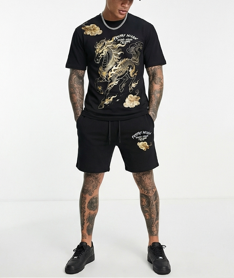 FesFas golden horse-print T-shirt Set | Black | Men