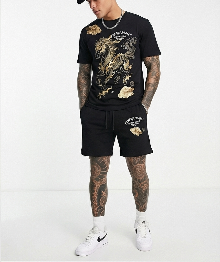 FesFas golden horse-print T-shirt Set | Black | Men