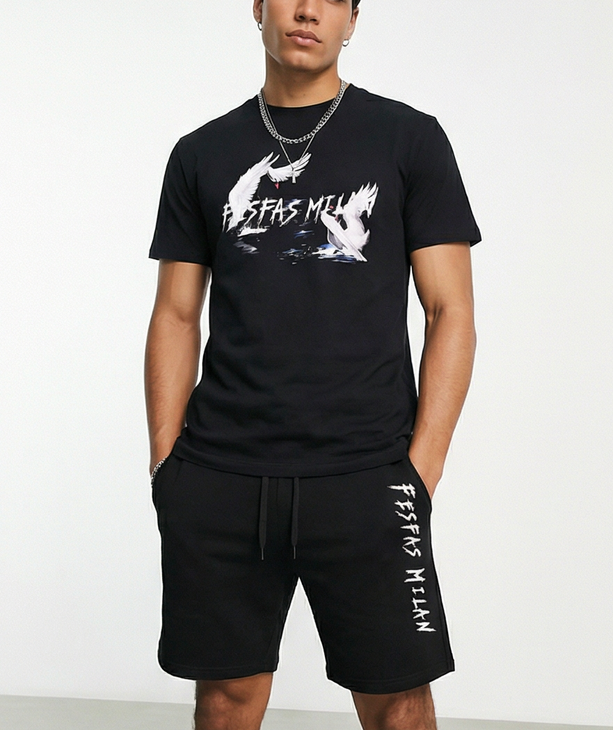 FesFas white crane-print T-shirt Set | Black | Men