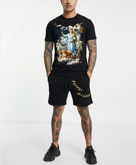 Bộ Áo thun FesFas in hình nữ thần Bắc Âu | Đen | Nam