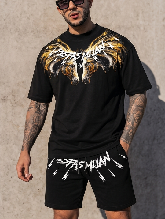 FesFas golden horse-print T-shirt Set | Black | Men