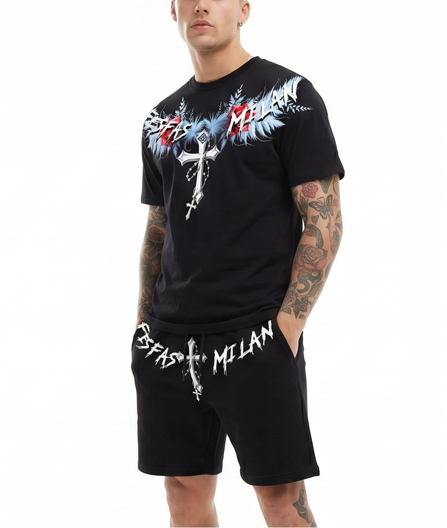 FesFas iced feathers-print T-shirt Set | Black | Men