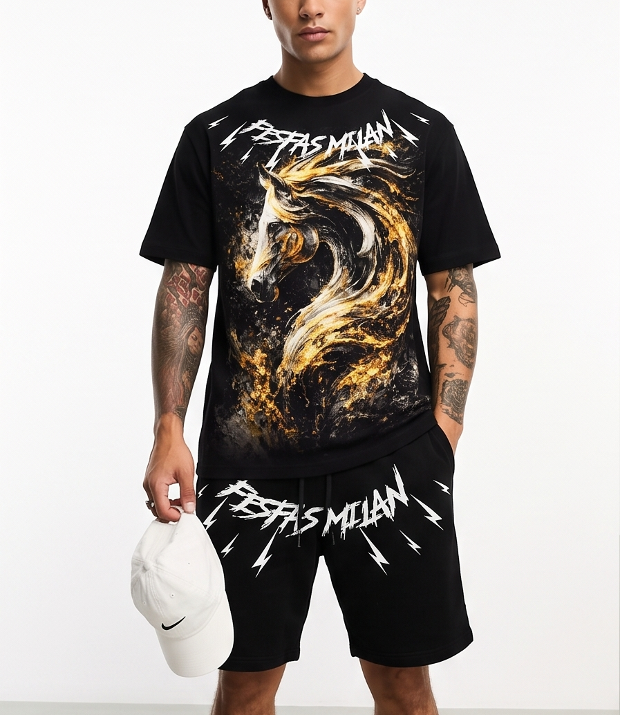 FesFas golden horse-print T-shirt Set | Black | Men