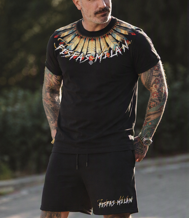 FesFas yellow feathers-print T-shirt Set