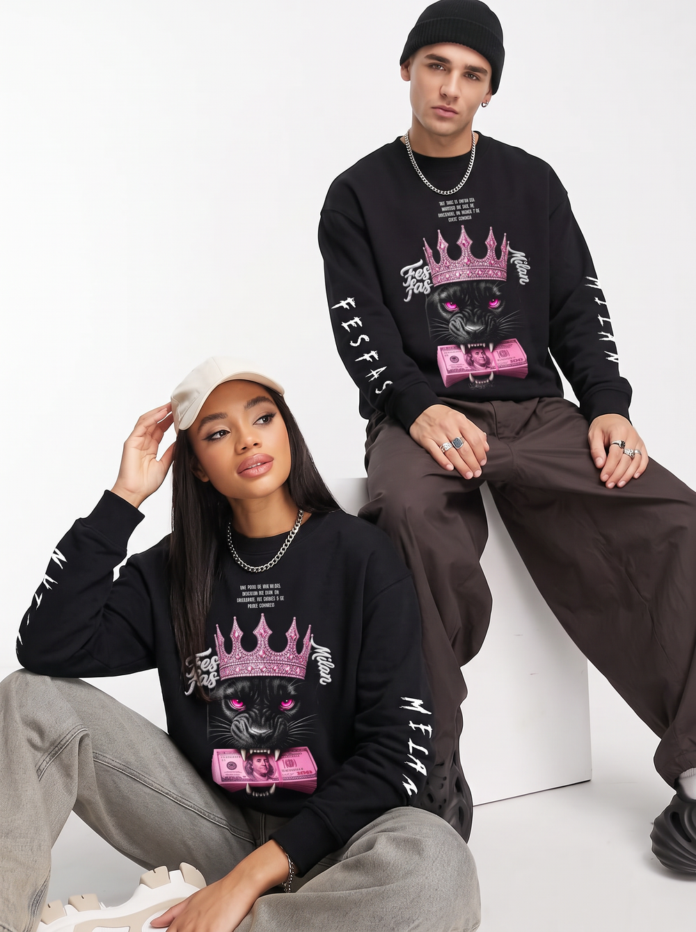 FesFas Pink Crown Panther-print Sweatshirt