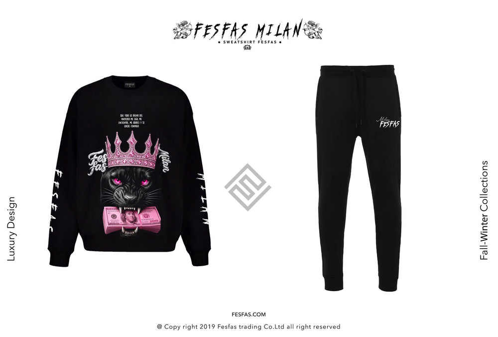 FesFas Pink Crown Panther-print Sweatshirt Set
