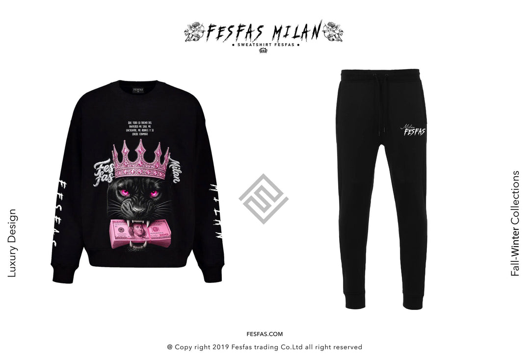 FesFas Pink Crown Panther-print Sweatshirt Set