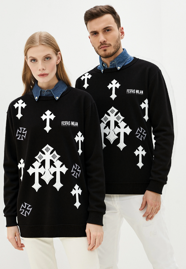 FesFas Cross-print Sweatshirt Set | Black | Unisex