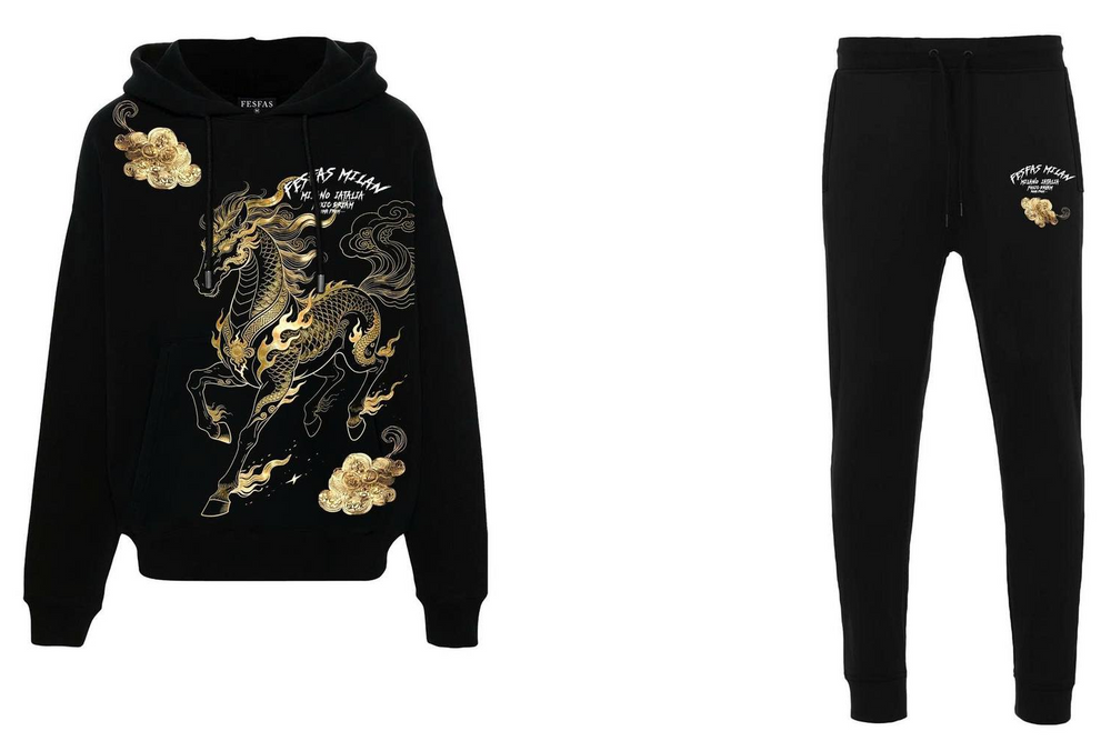 FesFas golden horse-print Hoodie Set | Black | Men