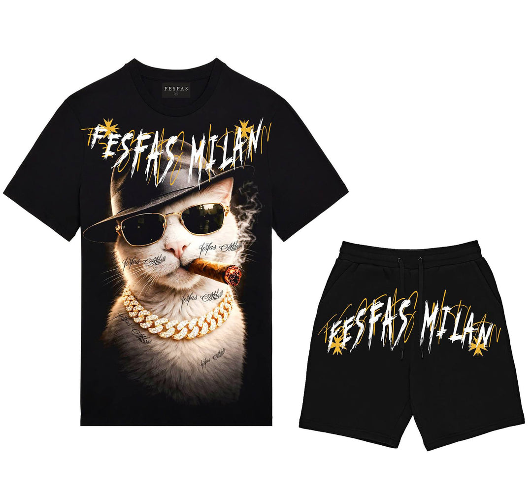 FesFas gangster cat-print T-shirt Set | Black | Men