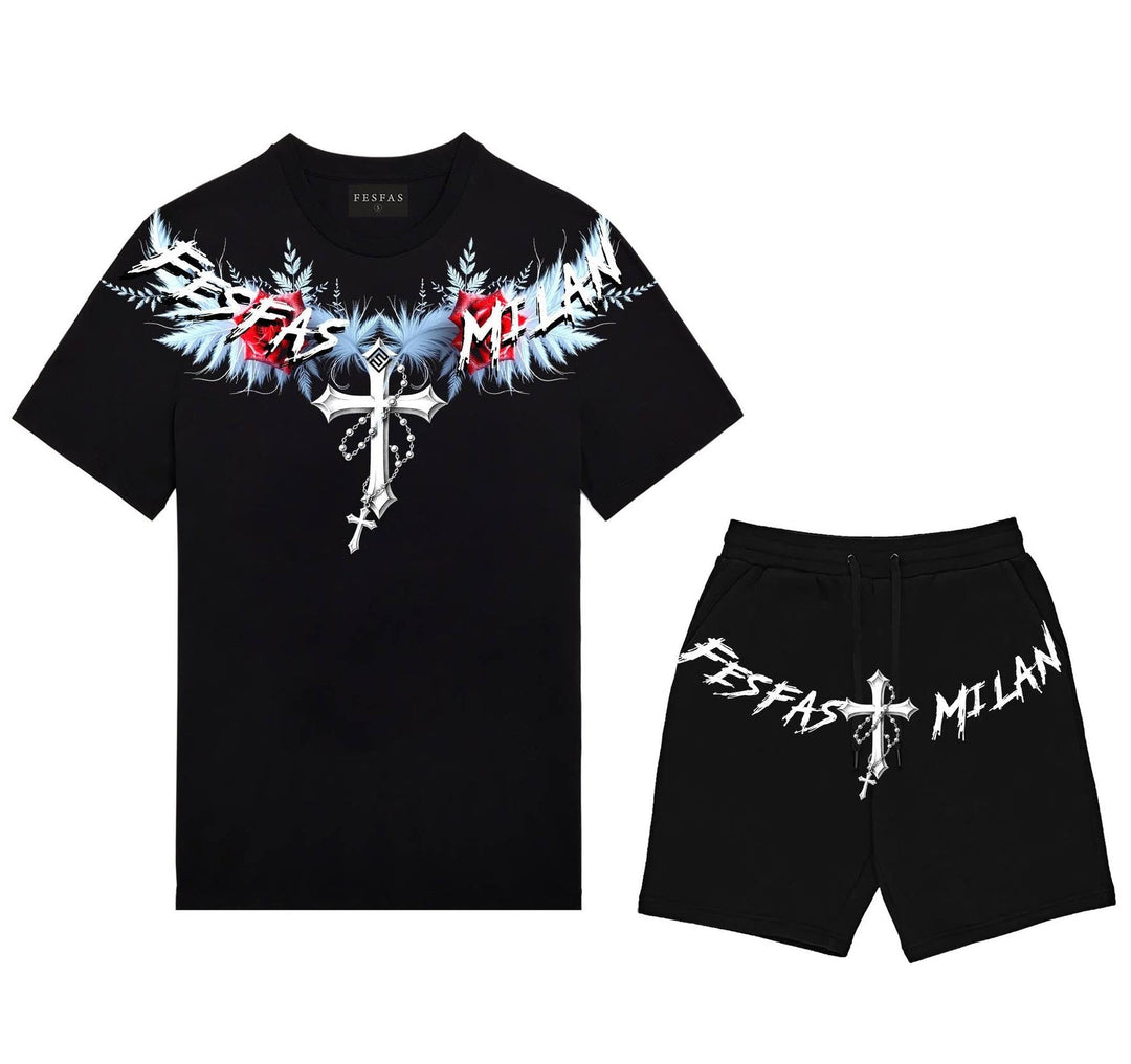 FesFas iced feathers-print T-shirt Set | Black | Men