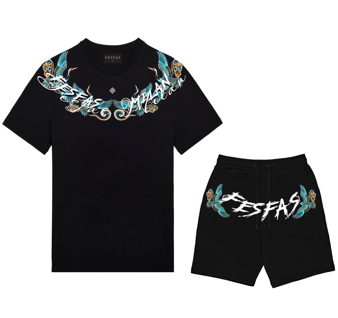 FesFas blue crane-print T-shirt Set | Black | Men