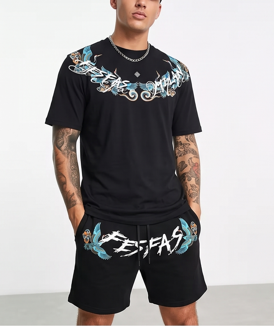 FesFas blue crane-print T-shirt Set | Black | Men