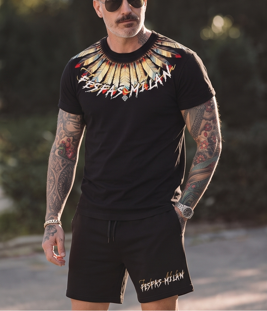 FesFas yellow feathers-print T-shirt Set | Black | Men