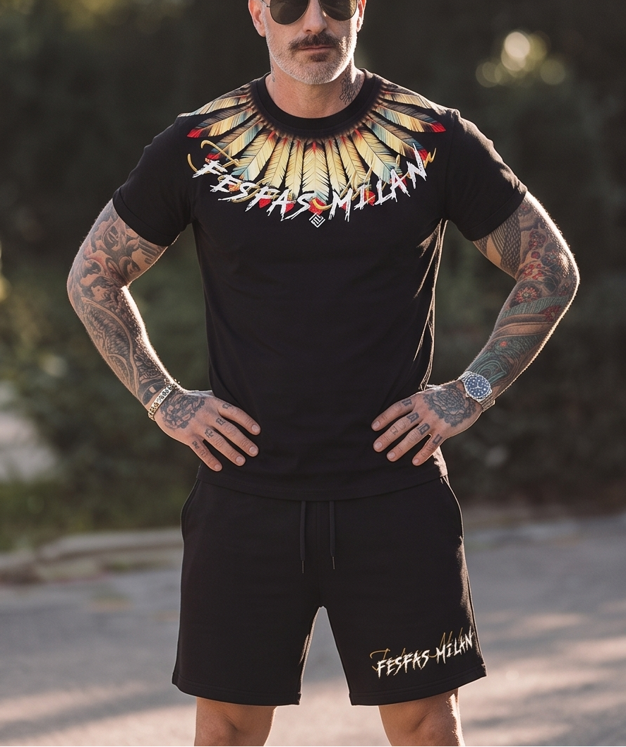 FesFas yellow feathers-print T-shirt Set | Black | Men