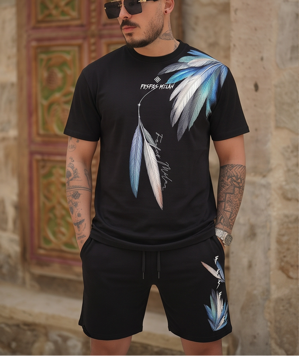 FesFas blue feathers-print T-shirt Set