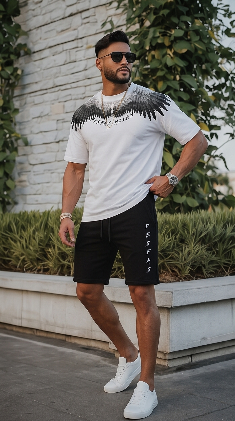 FesFas eagle feathers-print T-shirt Set | Black &amp; White