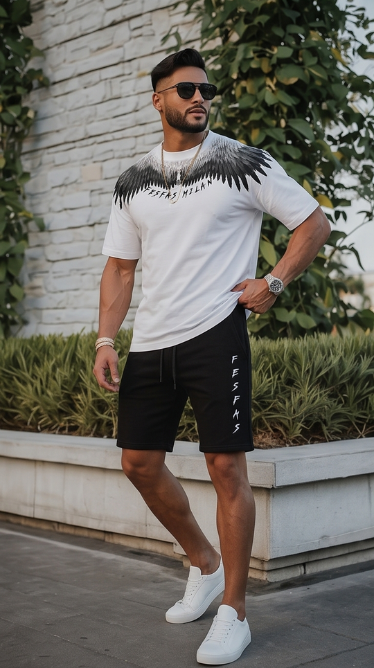 FesFas eagle feathers-print T-shirt Set | Black &amp; White