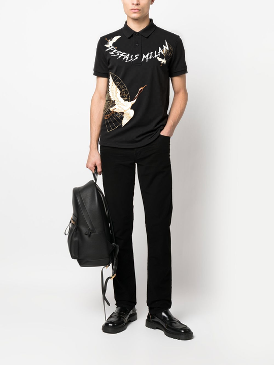 FesFas crane-print Polo Shirt | Men | Black