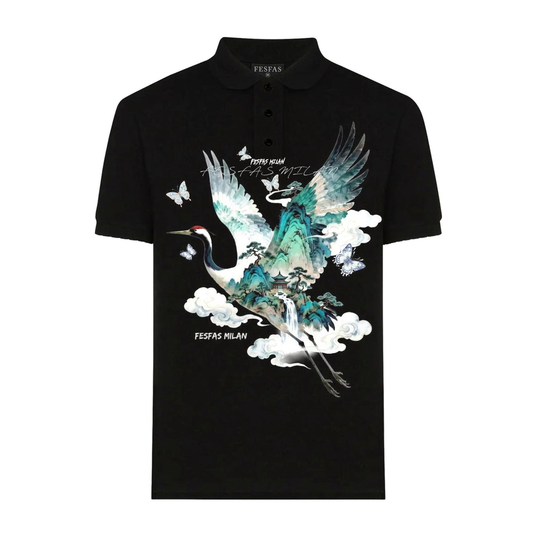 FesFas Jade Crane-print Polo Shirt