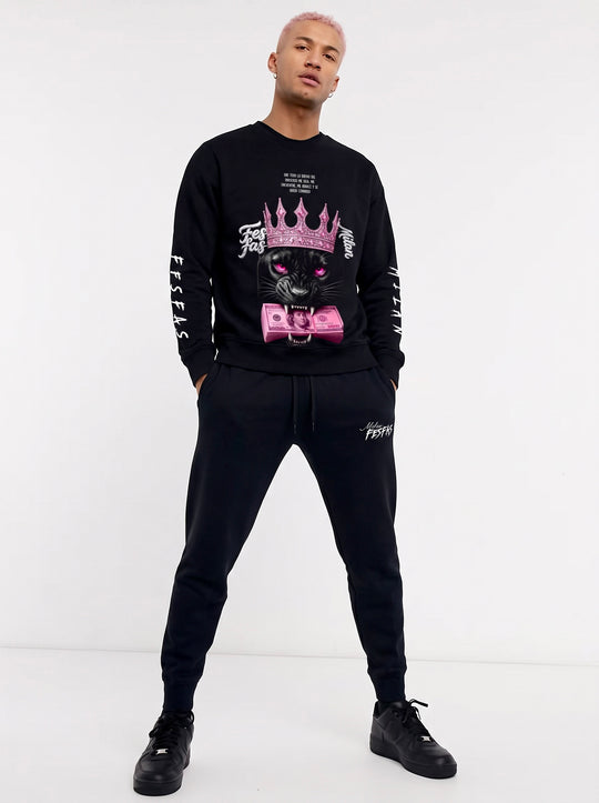 FesFas Pink Crown Panther-print Sweatshirt Set