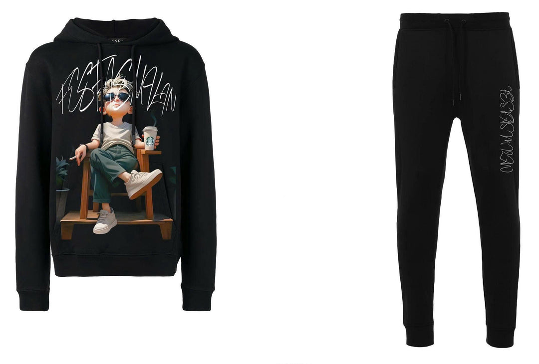 FesFas Boy-print Hoodie Set | Black | Men