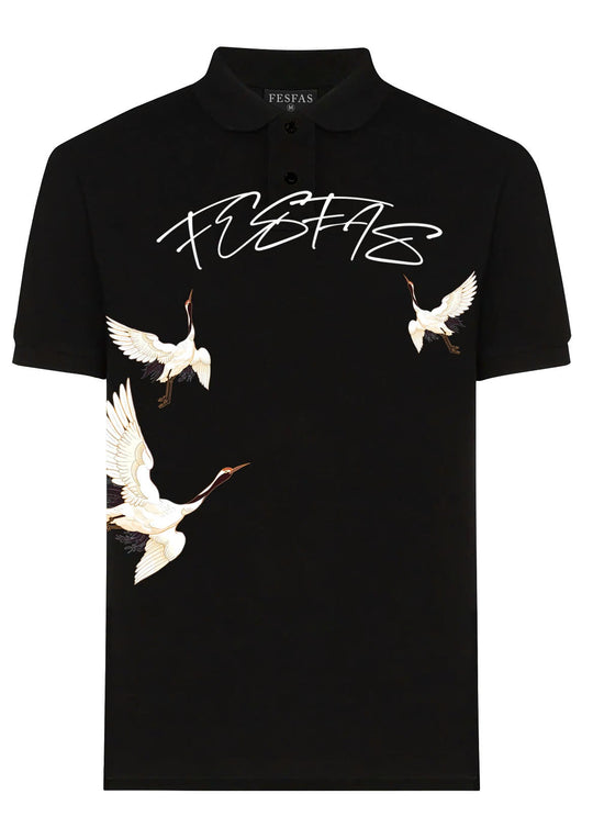 FesFas Crane-print Polo Shirt | Men | Black