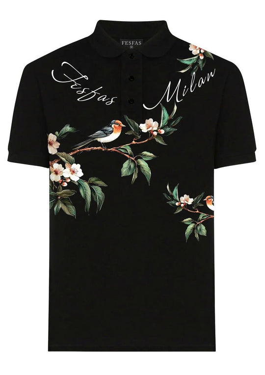 FesFas Floral Bird-print Polo Shirt | Men | Black