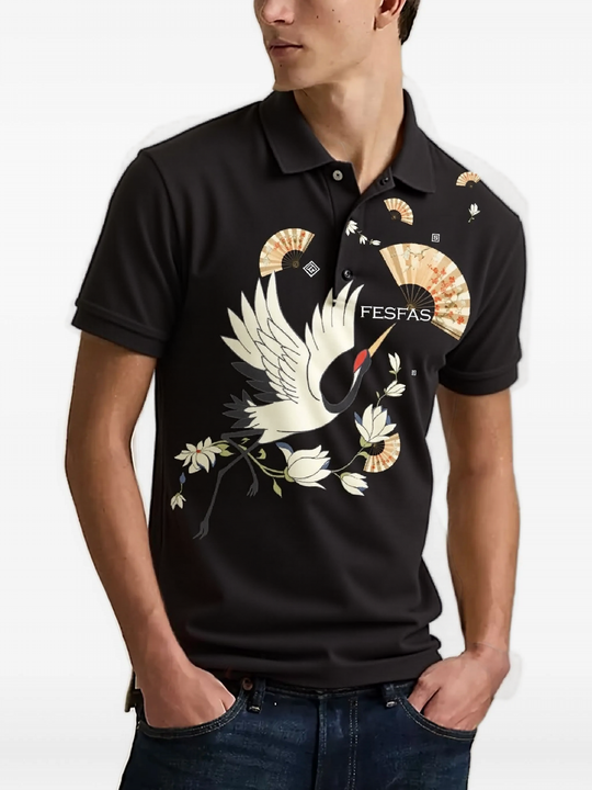 FesFas Crane-print Polo Shirt | Men | Black