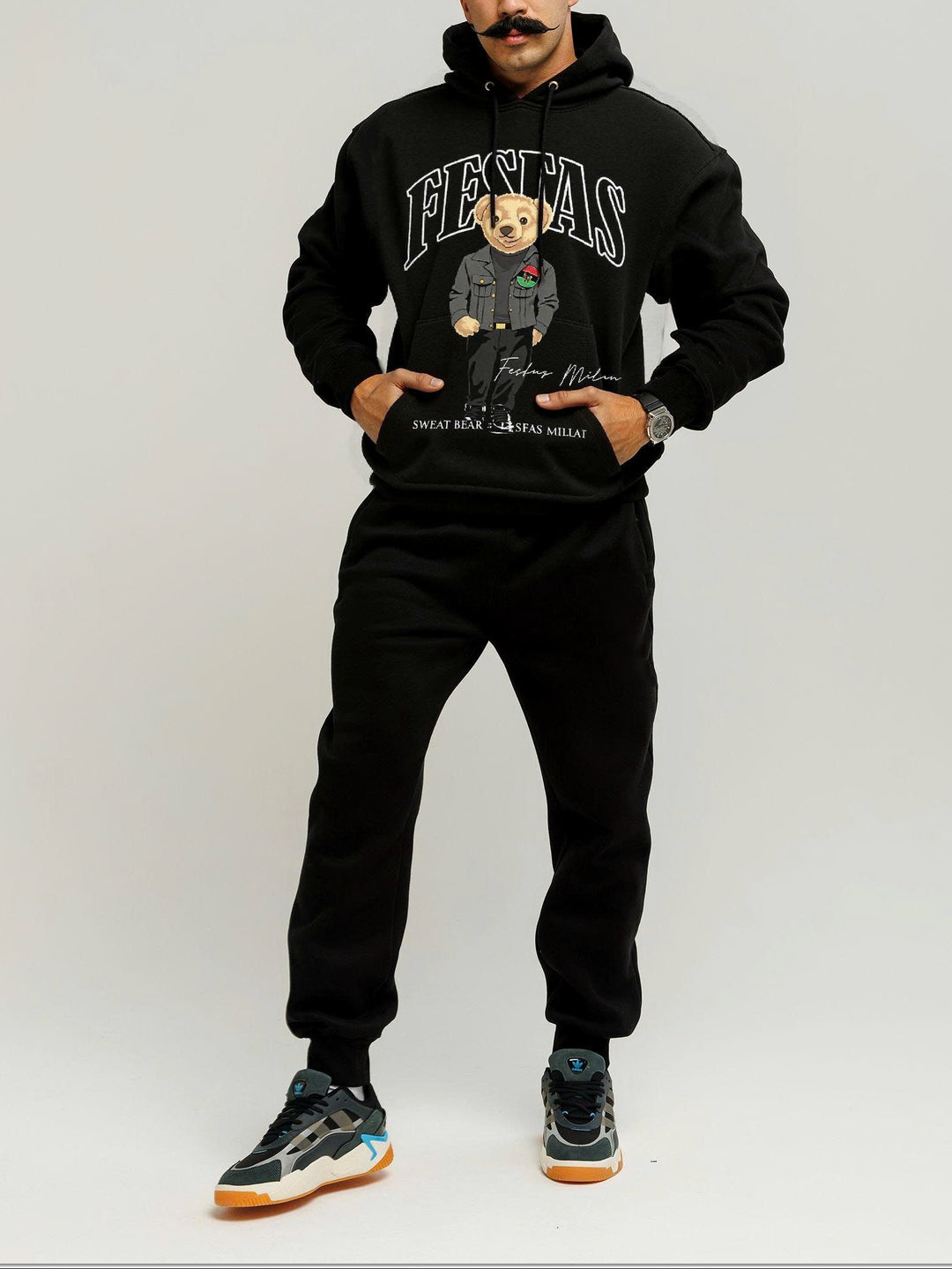 FesFas Bear-print Hoodie Set | Black | Men