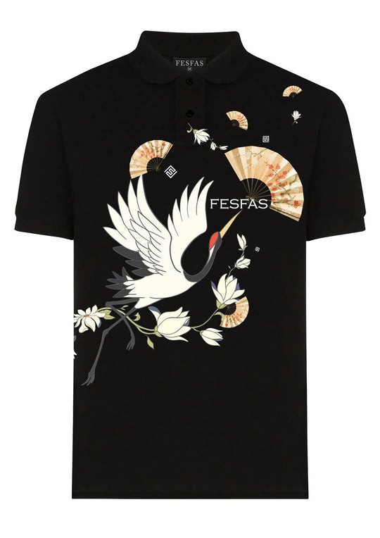 FesFas Crane-print Polo Shirt | Men | Black