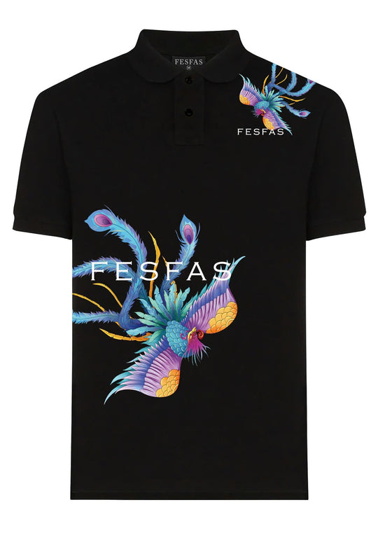 FesFas Peacock-print Polo Shirt | Men | Black