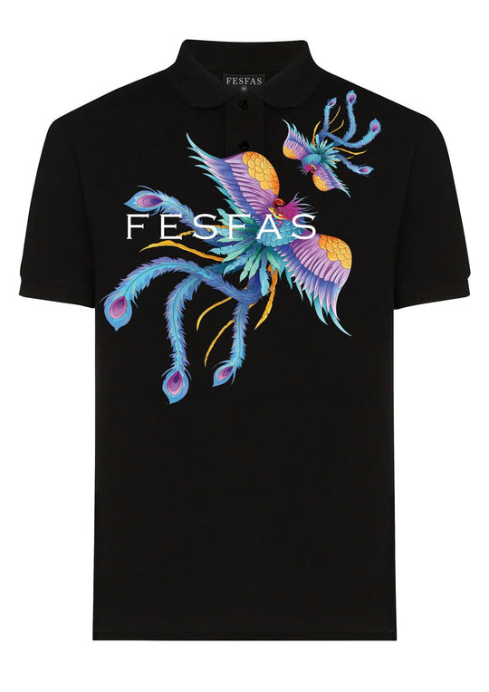 FesFas Peacock-print Polo Shirt | Men | Black