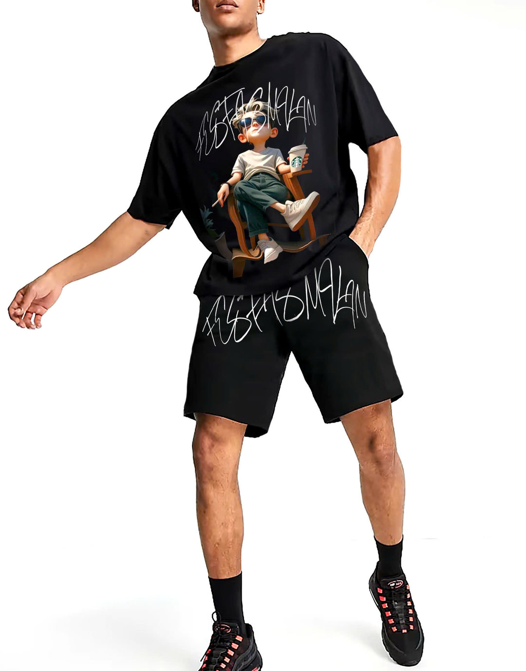 FesFas chill guy-print T-shirt Set | Black | Men