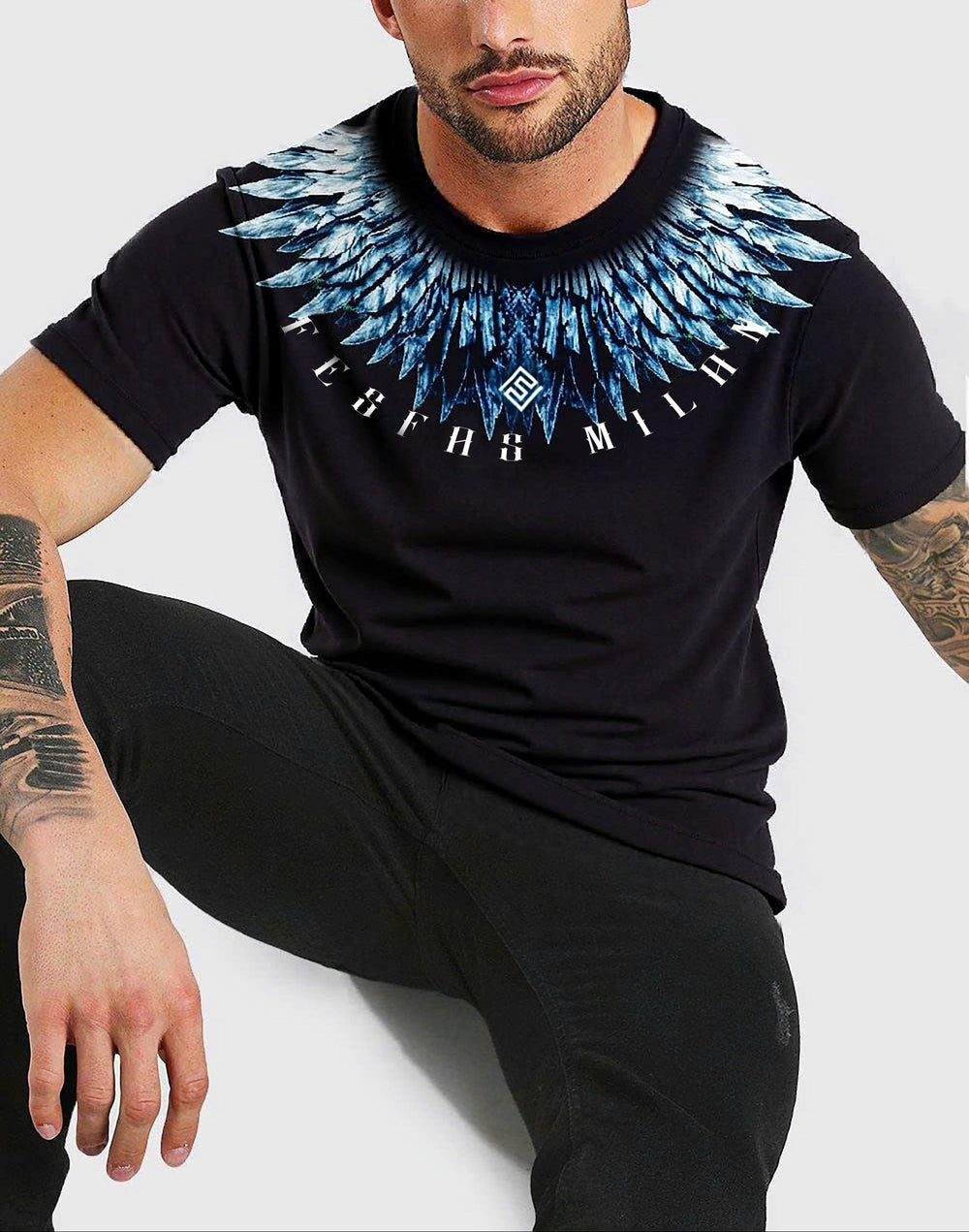 FesFas feathers-print T-shirt | Black | Men