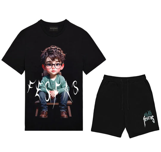 FesFas cute boy-print T-shirt Set | Black | Men