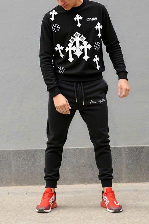 FesFas Cross-print Sweatshirt Set | Black | Men