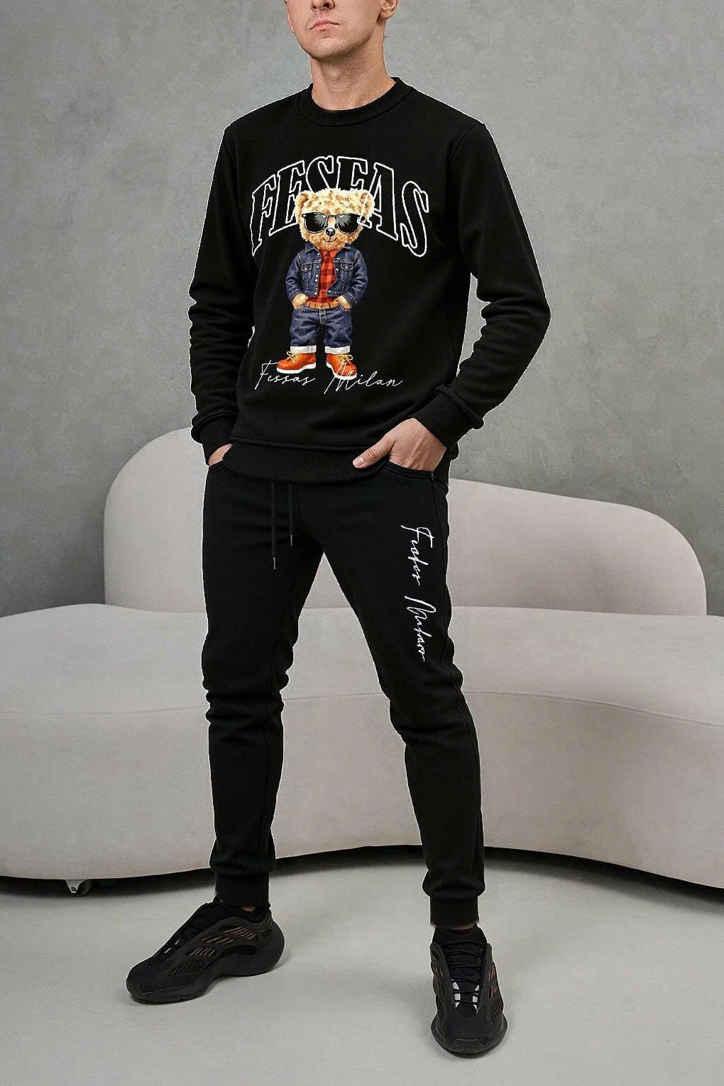 FesFas Bear-print Sweatshirt Set | Black | Men