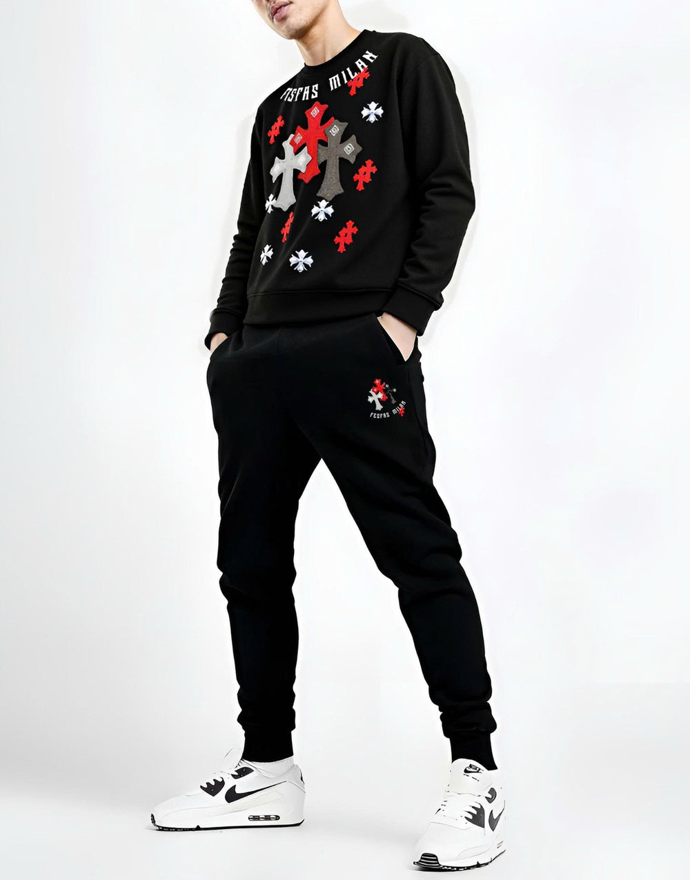 FesFas Cross-print Sweatshirt Set | Black | Men