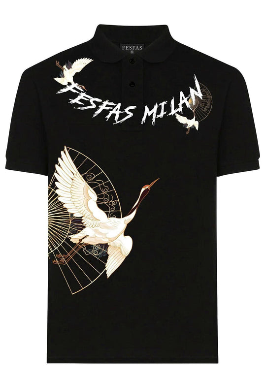 FesFas crane-print Polo Shirt | Men | Black