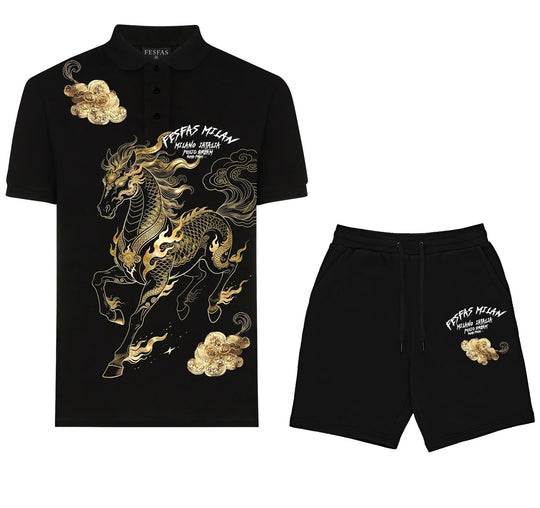 Bộ Polo họa tiết ngựa vàng FesFas | Nam | Đen